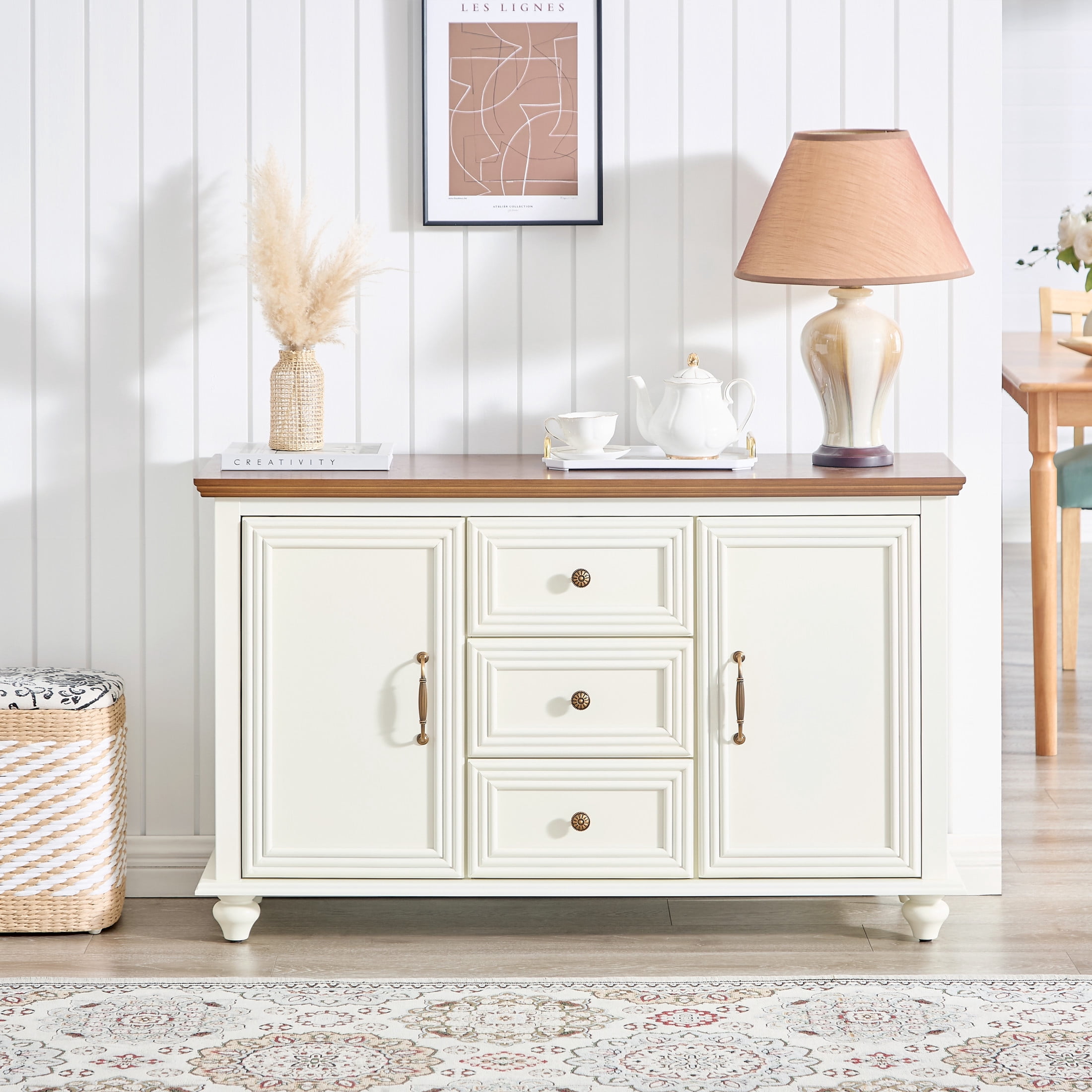 GDF Studio 47.3" Mid Century Modern Sideboard Buffet Cabinet with 2 Doors & 3 Drawers, White+Brown