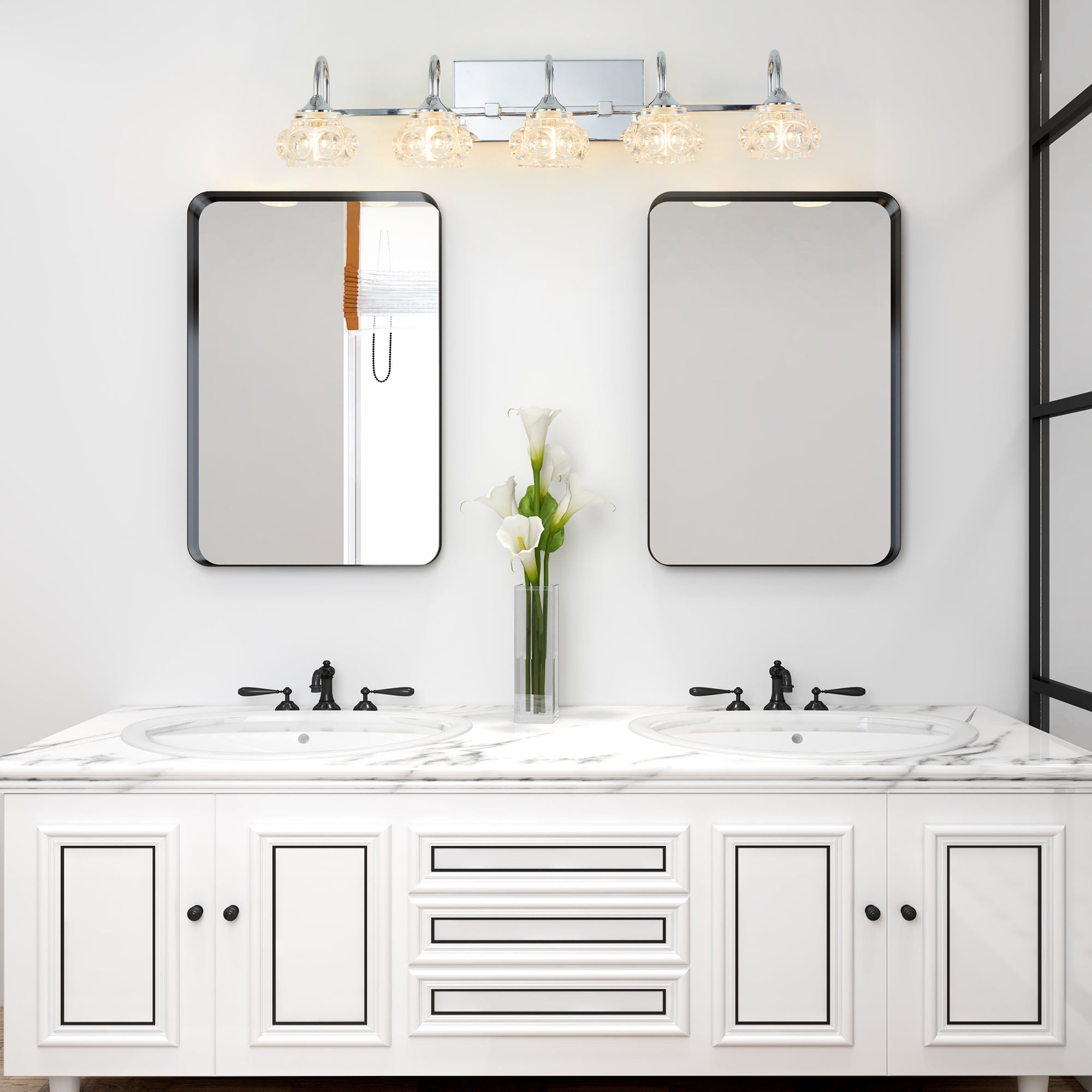5-Light Bathroom Light Fixtures, Nickel Modern Bathroom 29.1in Vanity Lights with Flower Glass Shade, Bathroom Wall Lamp for Mirror Cabinet Porch, E12