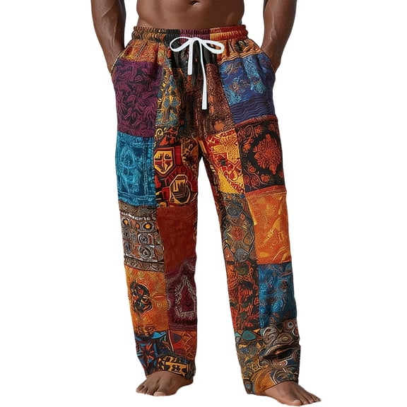 CONZONE Mens Baggy Linen Pants Wide Leg Beach Pants for Men Trendy Elastic Waist Drawstring Retro Graphic Soft Casual Joggers With Pocket