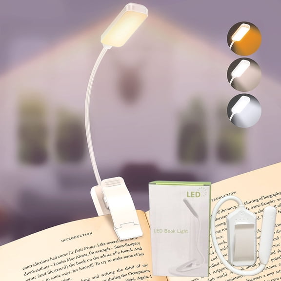 2026 LED Rechargeable Book Light for Reading in Bed -Eye Caring 3 Color Temperatures,Stepless Dimming Brightness,80 Hrs Runtime Small Lightweight Clip On Book Reading Light for Studying (White)