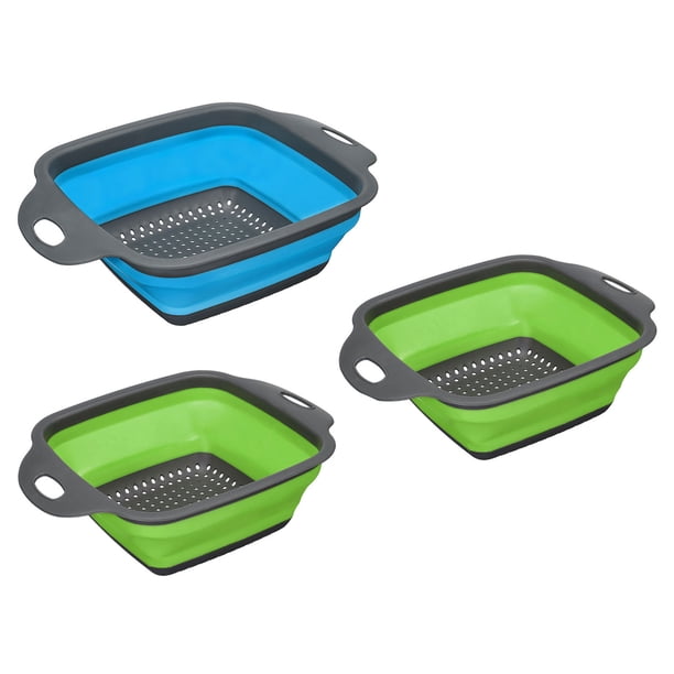 Uxcell Colador Plegable 3 Pcs Colador Cuadrado de Silicona para Pasta, Verduras, Frutas - 1 Grande Azul 2 Pequeños Verdes