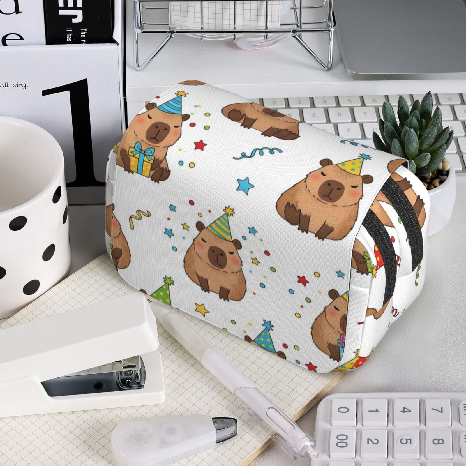 Large-Capacity Flip-Top Double-Layer Pencil Case, Multi-Functional Pocket Pen Case, Durable Stationery Organizer Capybara Party Pattern
