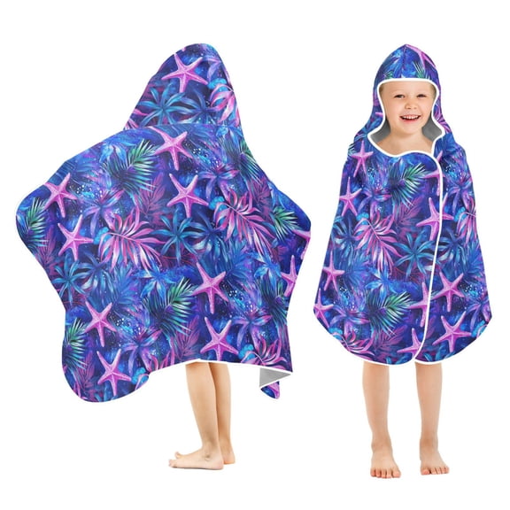 Yayeee Kids Hooded Towel with Hand Pockets Beach Soft Absorbent Bath Wrap 50 x 23.5 inch, Neon Pink Starfish