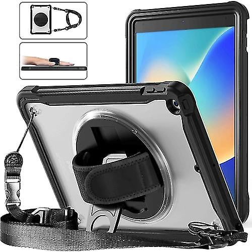 funda híbrida resistente con asa y correa para ipad 10.2 (2021/2020/2019) Negra, 3/4 frontal y trasera con carcasa trasera rígida de PC y parachoques de TPU, empuñadura giratoria 360° plegable, correa de hombro ajustable desmontable y soporte de pie integrado; bisel elevado para proteger la cámara, adecuada también para usar la tablet manos libres en viajes.