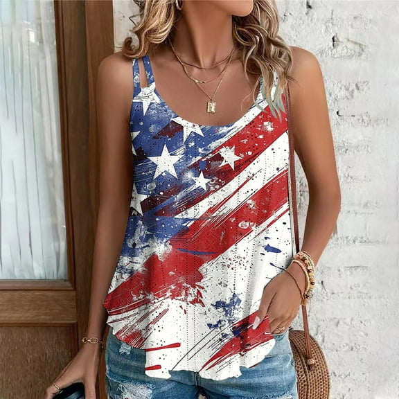 American Flag Tank Top Womens Red White and Blue Tank Top for Women Memorial Day Tank American Flag Tops Women Spring and Summer Tank Eyelet Embroidery Neck Print Casual Fashion Top