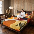 thumbnail image 3 of Manfei Abstract Mid-Century Queen Sheets, Minimalist Leaf Queen Sheet Sets, Orange Teal, Black Reversible 4 Pieces1 Flat Sheet + 1 Fitted Sheet + 2 Pillowcases, 3 of 6