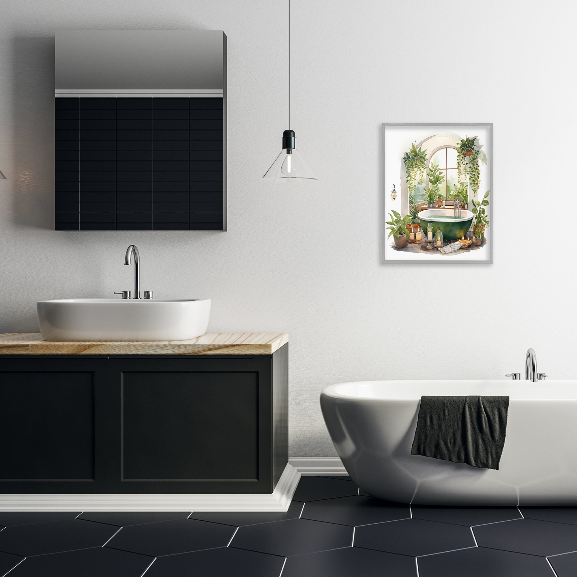 Tranquil Tub with Candles & Greenery Gray Framed Giclee Art, design by Lettered and Lined