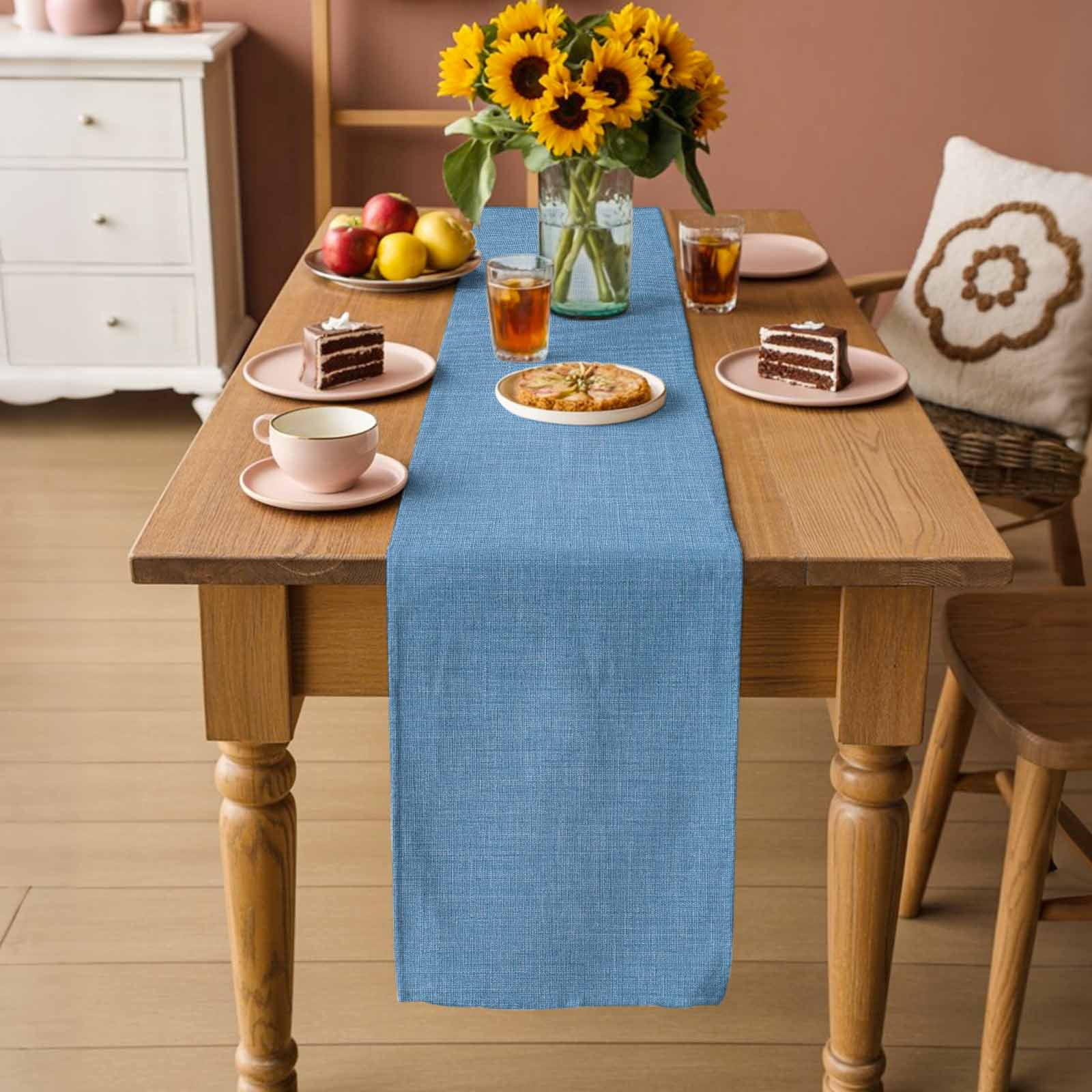 Blue Burlap Texture Table Runner, Farmhouse Vintage Blue Washable Cotton Linen Table Runners 48 Inches Long, Dresser Scarf Runner for Nightstand/Coffee/End Tables 13''x48''