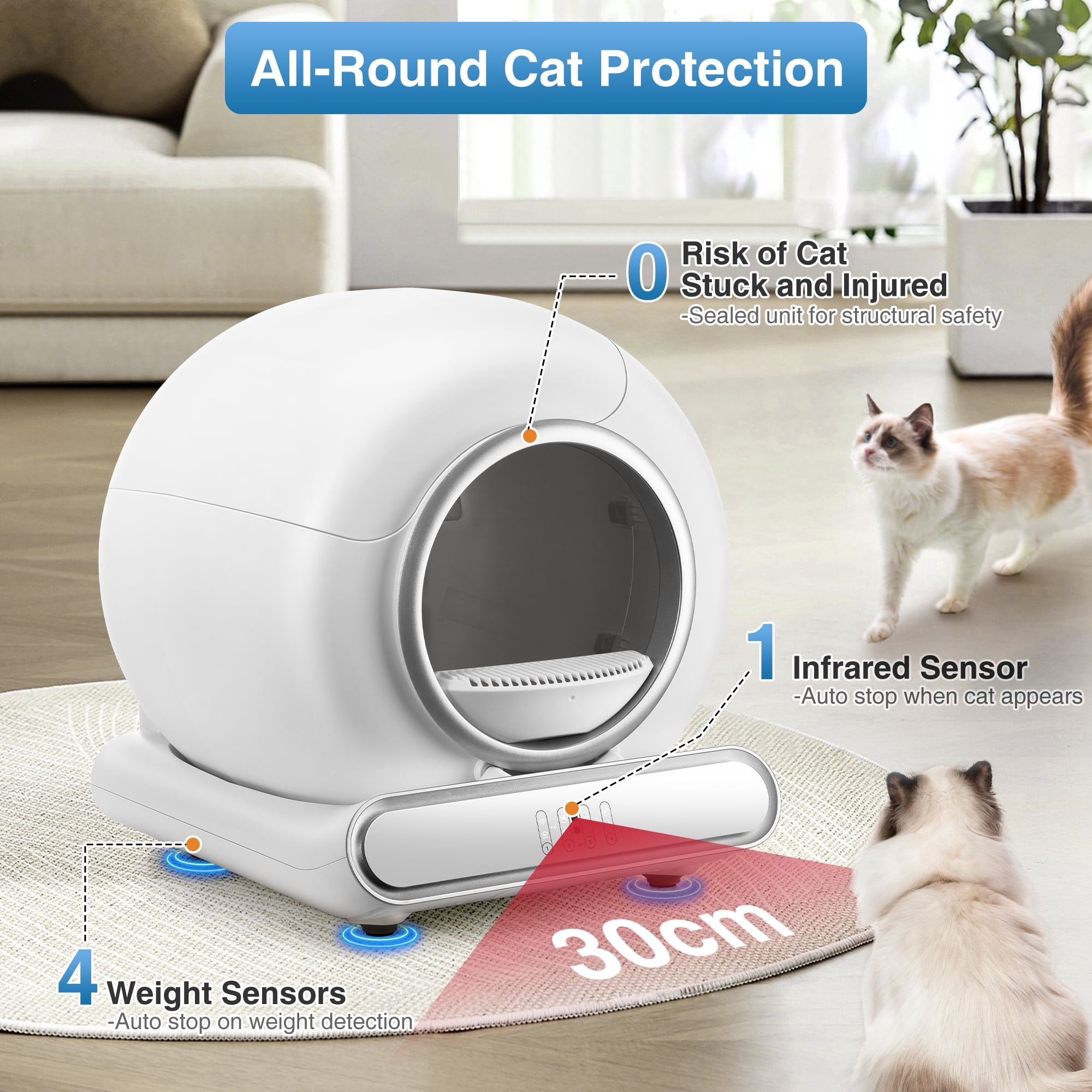 Automatic Self Cleaning Litter Box for Multiple Cats, 65L+9L Large Capacity, APP Remote Control with Health Monitoring, Odor Control, Quiet Operation, Included 2 liners, White