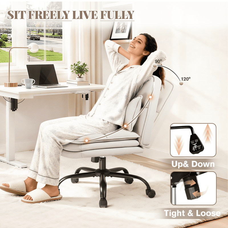 Homall Cross Legged Wide Seat Office Chair with Wheels,Office Armless Desk Chair, Modern Swivel Computer Task Chair Height Adjustable Vanity Chair,in Fabric,Beige