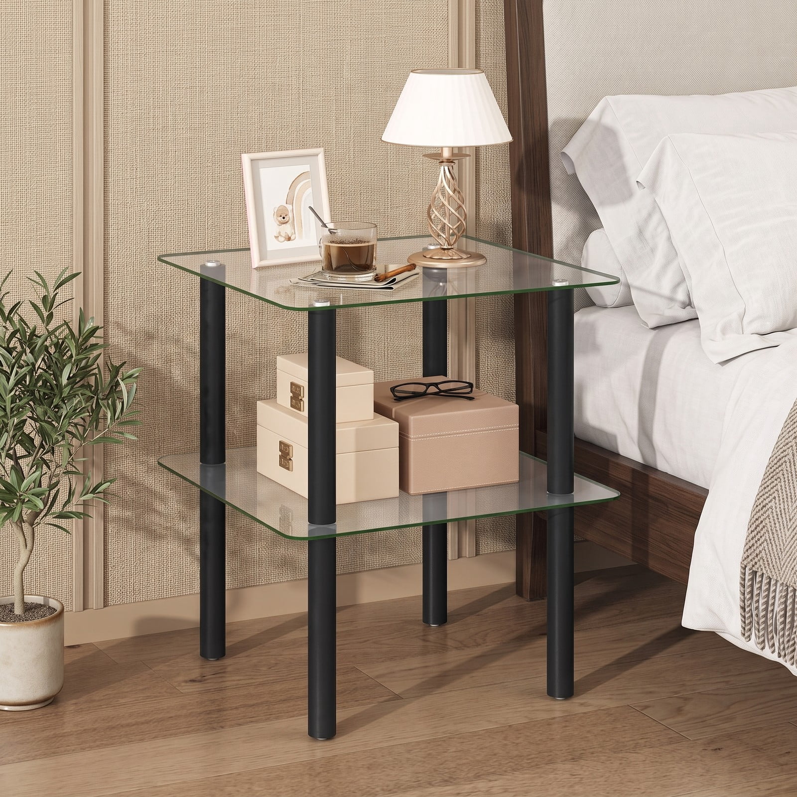 Furnibear 2-Tier Square End Table with Tempered Glass Top and Storage Shelf, Rubber Wood Legs Side Table for Living Room Bedroom, Round-Edge Nightstand, Clear & Black