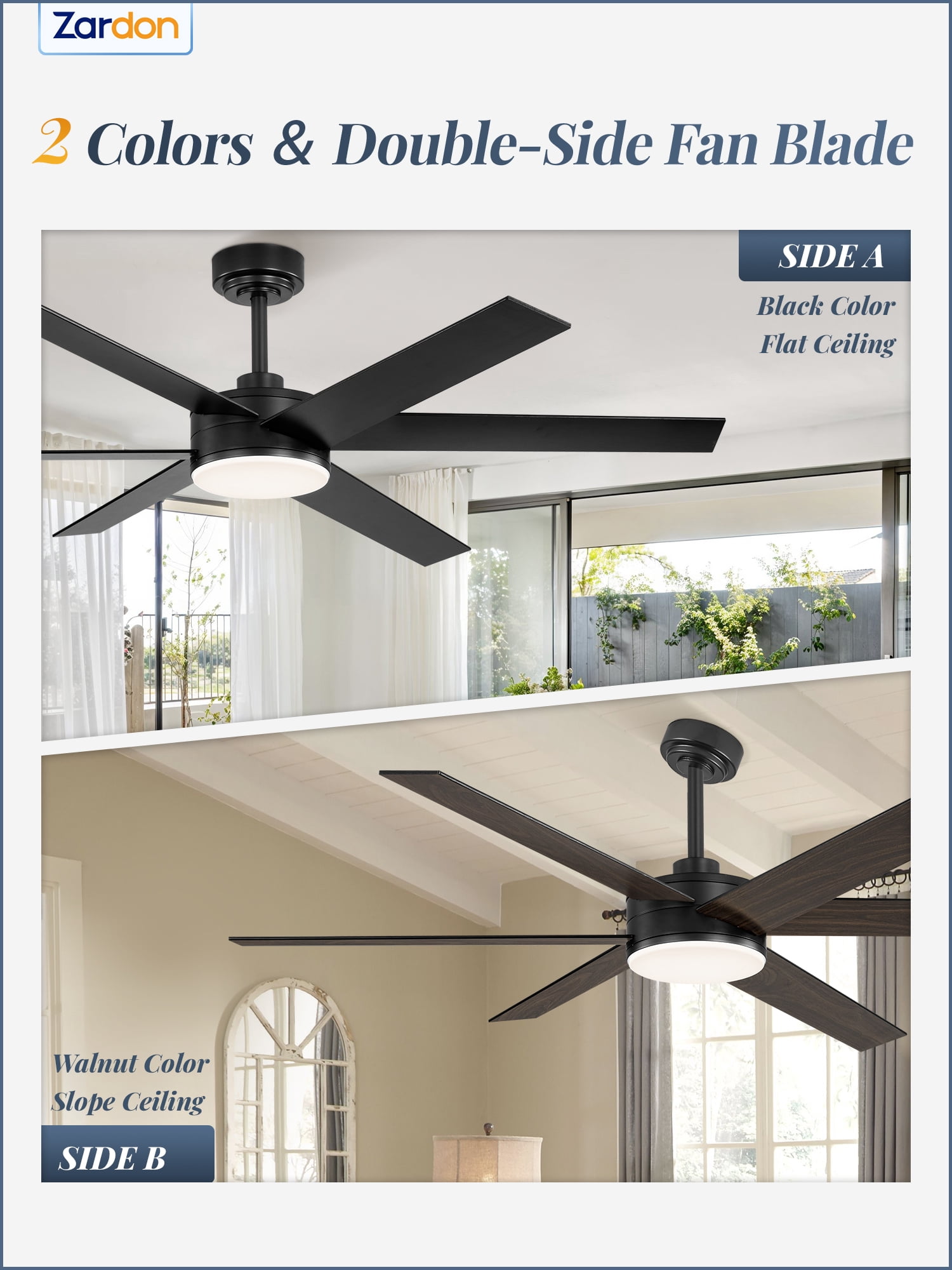 Zardon 56in Ceiling Fans with Light and Remote Control, 6 Speeds Reversible, for Indoor Outdoor, Black