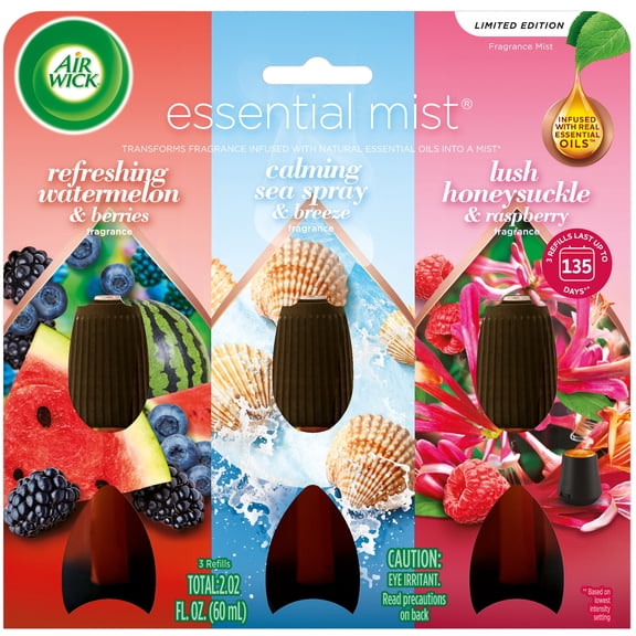 Air Wick Essential Mist Scented Oil Air Freshener Diffuser Refills Multipack, Watermelon and Berries, Sea Spray and Breeze, Honeysuckle and Raspberry, 3 Count