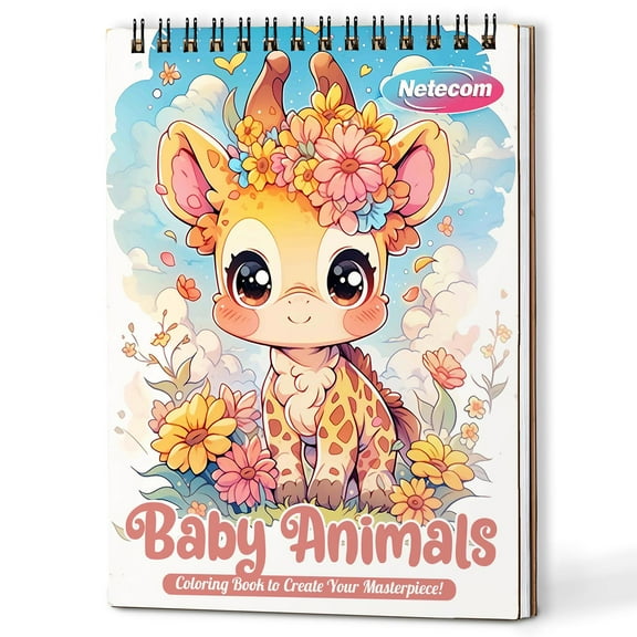 Netecom Baby Animals Coloring Book Spiral Bound for Adults, A5 Wooden Cover, 30 Adorable Coloring Pages of Little Animals for Stress Relief and Relaxation