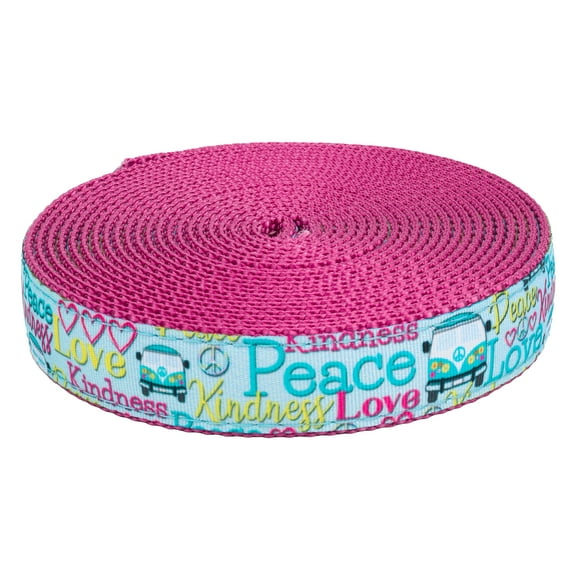 Country Brook Design - Love and Peace Ribbon on Rose Nylon Webbing (1 Inch, 10 Yards)