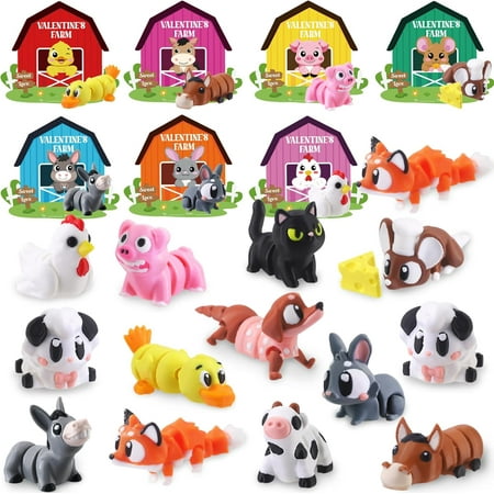 Valentines Day Gifts Cards for Kids, 24 Pack 3D Printed Farm Animals Figurines Set with Valentine Greeting Cards Articulated Flexible Fidget Exchange Gifts for Kids Boys Girls School Classroom Party
