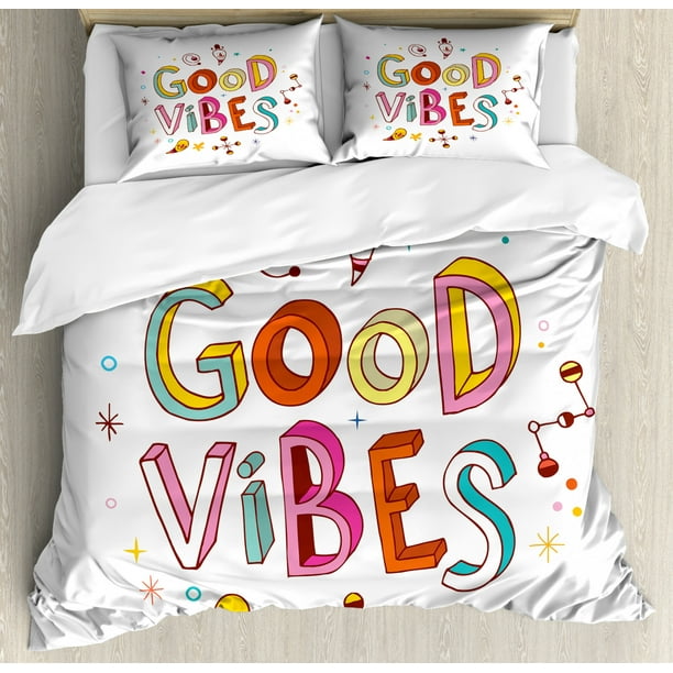 Good Vibes Duvet Cover Set Queen Size Colorful Cheerful Fun Typography With Cartoon Style Kids Toddler Elements Print Decorative 3 Piece Bedding 2 Pillow Shams Multicolor By Ambesonne Com Good Vibes Duvet Cover Set Queen Size, Fun Queen Size Bedding