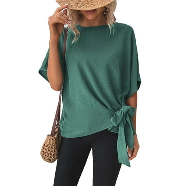 Women Summer Top Knotted Hem Back Pleated Midline Keyhole Back Half Sleeves Round Neck Summer Shirt Top Bean Green L