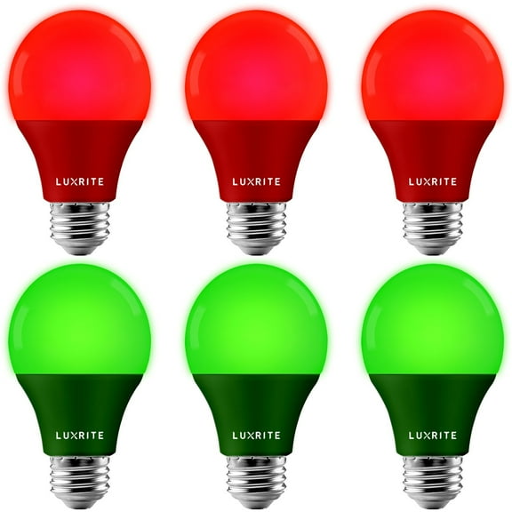 Luxrite A19 Christmas LED Red and Green Light Bulb, 60W Equivalent, UL Listed, E26, Indoor Outdoor, Decoration, Holiday Lighting 6 Pack