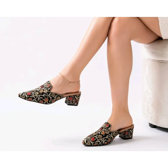 Women Floral Embroidered Block Heel Mule Sandals Slip On Ethnic Indian Dress Shoe