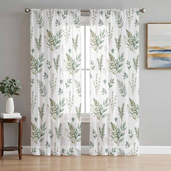 Green Botanical Sheer Curtains 84 Inch Length 2 Panels Set, Farmhouse Summer Floral Leaves Voile Window Treatment Rod Pocket Curtains Sheers Drapes for Bedroom/Living Room/Kitchen 52"x84"x2