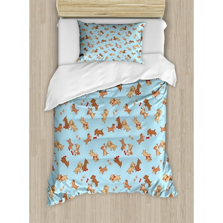 Dog Duvet Cover Set Checkered Square Pattern Background Playful