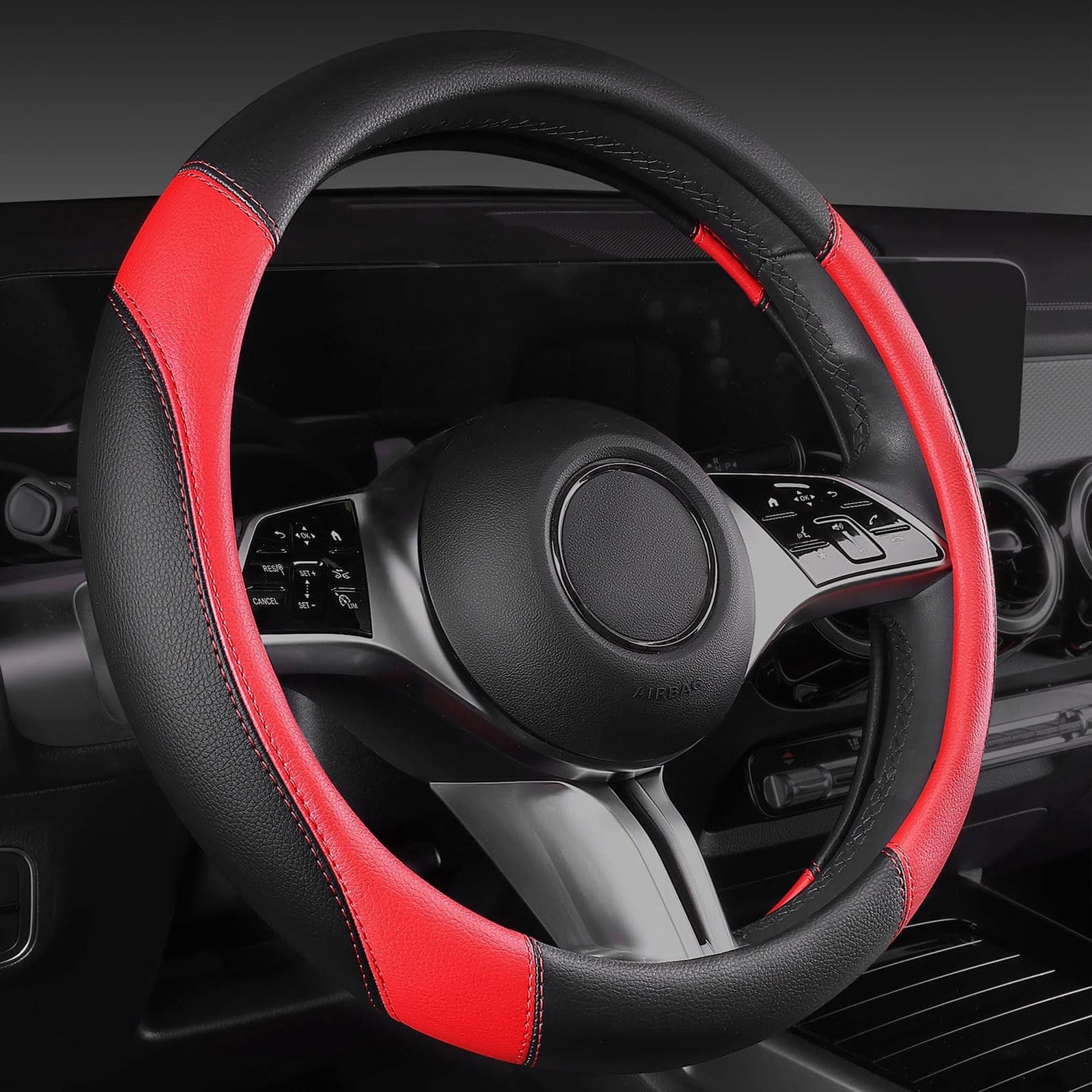 CAR GRAND Faux Leathercar Steering Wheel Cover Combo Pack Car Floor Mats, Universal Fit Waterproof Anti-slip Carpet 14.5-15 Inches Red & Black