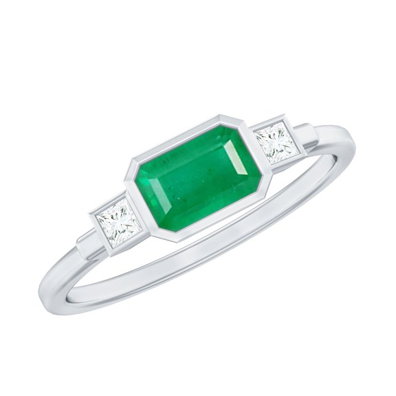 Rosec Jewels Womens 3/4 CT Octagon shape Emerald and Princess shape Diamond Ring in Bezel Setting, Emerald East West Ring, 925 Sterling Silver, US 4.00