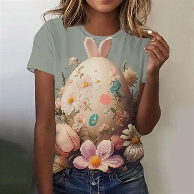 Warop T-Shirt à Col Rond à Manches Courtes pour Femmes avec Imprimé de Pâques, Haut Décontracté à Enfiler pour Usage Quotidien