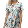thumbnail image 3 of felwors Print Scrub Tops Women Floral Scrubs V Neck Short Sleeve Stretch Nurse Uniform with Pockets Functional Workwear (Sky Blue, L), 3 of 5