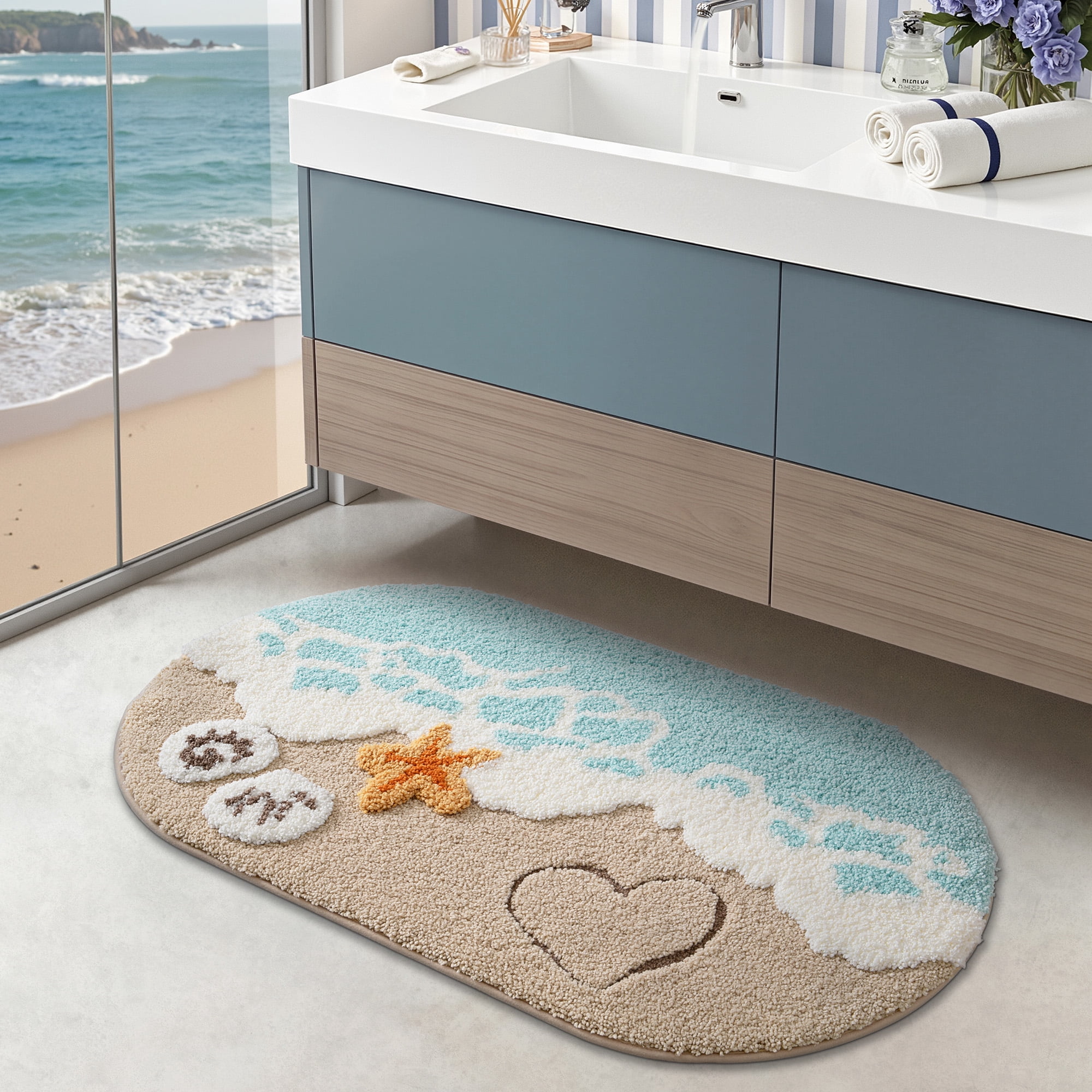 FRABE Bathroom Rugs, Soft Plush, Absorbent, Easy Clearance Non Slip Bath Mat for Bathroom, Kitchen, Entryway Decor with Starfish Shell Design, 30x60