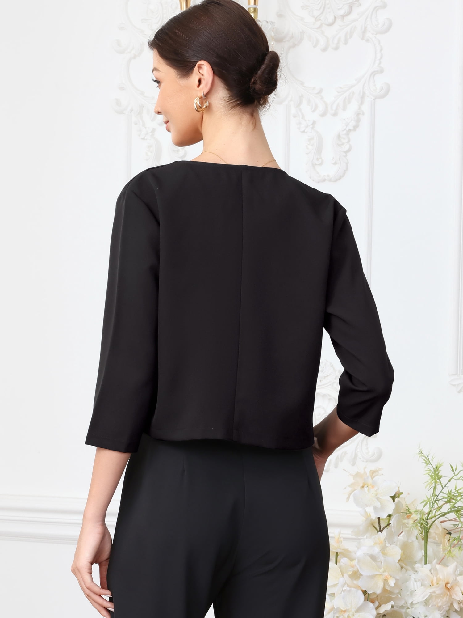 DARING DIVA Women's Crop Open Front 3/4 Sleeve Collarless Jacket L Black