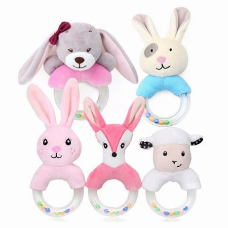 Akoyovwerve Cute Baby Plush Stuffed Animal Rabbit Fox Sheep Toy Ring Rattle Baby Plush Toy for Kids Toddlers Babies Christmas Plush