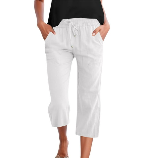 Pantalones 3/4 de mujer de color liso en mezcla de lino - Cintura con cordón y bolsillos - Ligeros para el verano - Ajuste regulable - Tallas S-XXXL