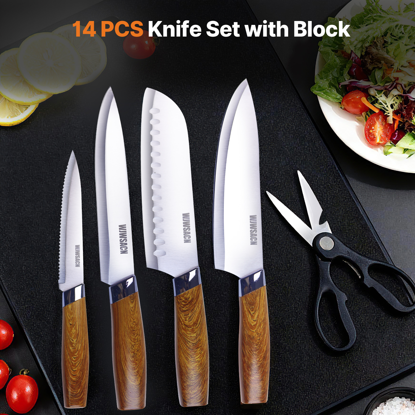 Knife Set, 14pcs Kitchen Knives Set with Block and Sharpener, Stainless Steel Ultra Sharp Knife Block Set, Dishwasher Safe, Non-Slip Handles, Brown, Mothers Day Gifts