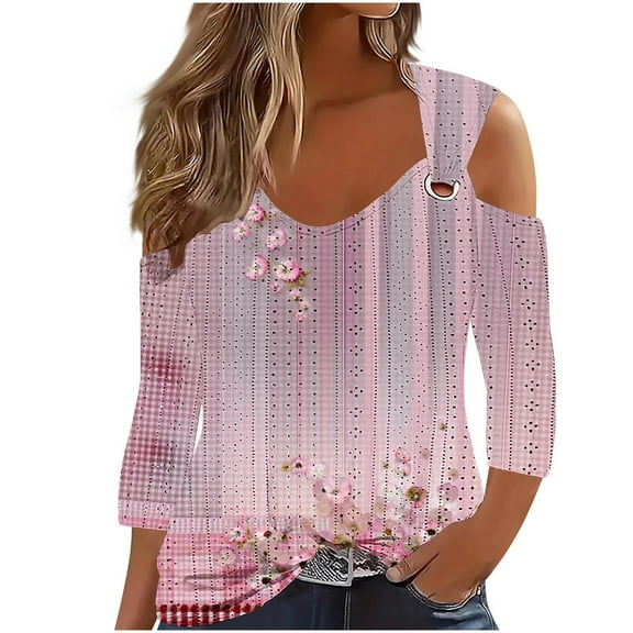 hxobax Sexy Cold Shoulder Tshirts Womens Eyelet Shirt Summer Floral 3/4 Sleeve Tops Basic Tee Blouse