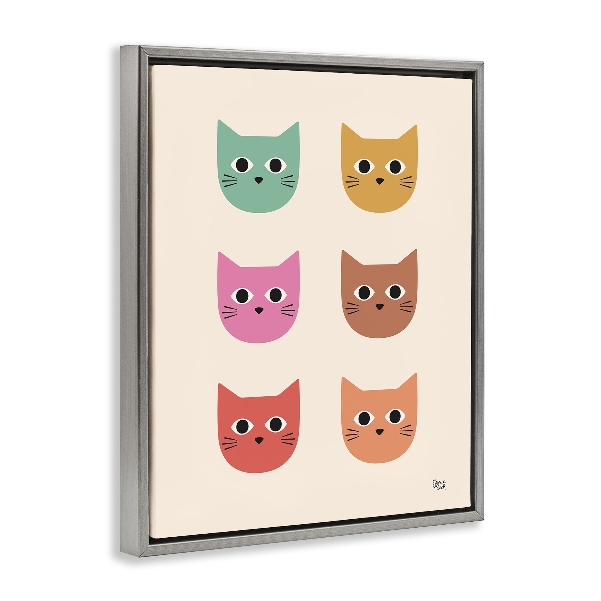 Stupell Industries Colorful Cat Faces Animals Painting Gray Floater Framed Canvas Art Print Wall Art, 25 x 31