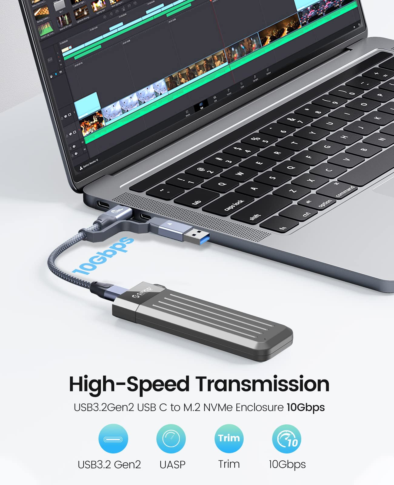 ORICO 2TB DIY Portable Exteral Hard Drive PCIe Gen 3x4.0 SSD with 10Gbps USB 3.2 Type-C to M.2 SSD Enclosure