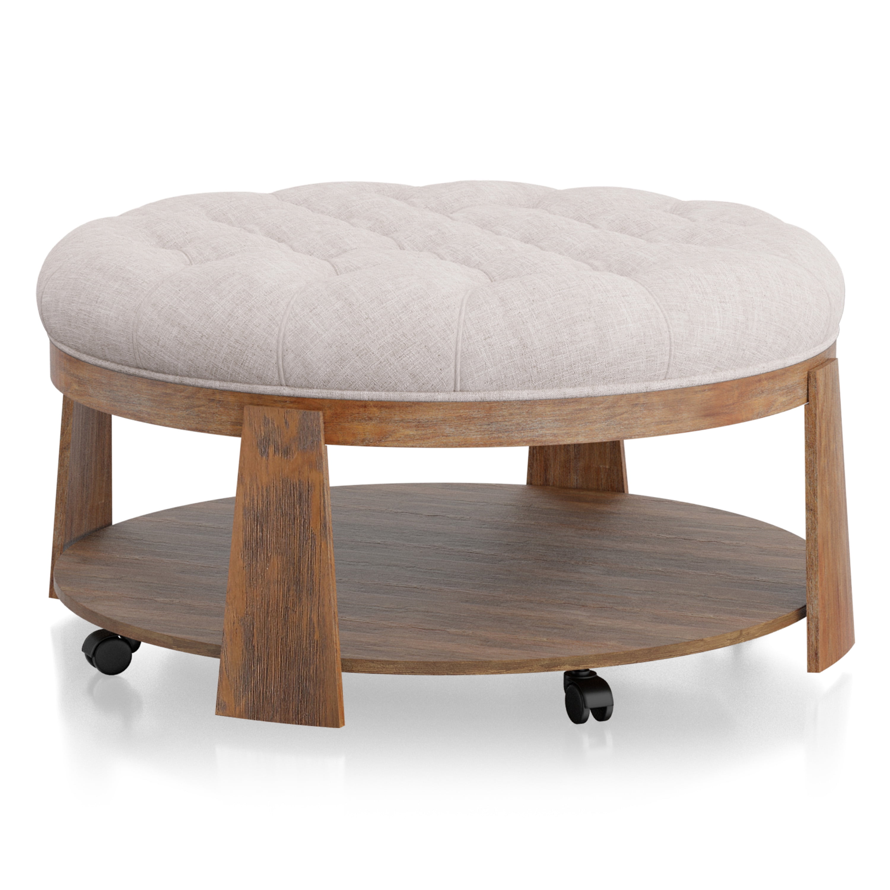 Furniture of America Brynn Tufted Ottoman Coffee Table, Natural Tone and Beige