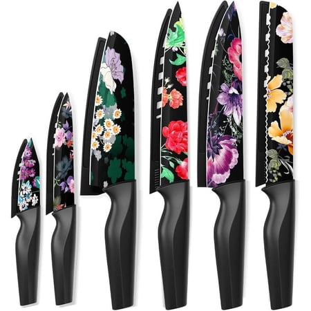 12-Piece Flower Kitchen Knife Set with Blade Guards, Dishwasher Safe, German High Carbon Stainless Steel Block, Springtok Multicolor Cutting