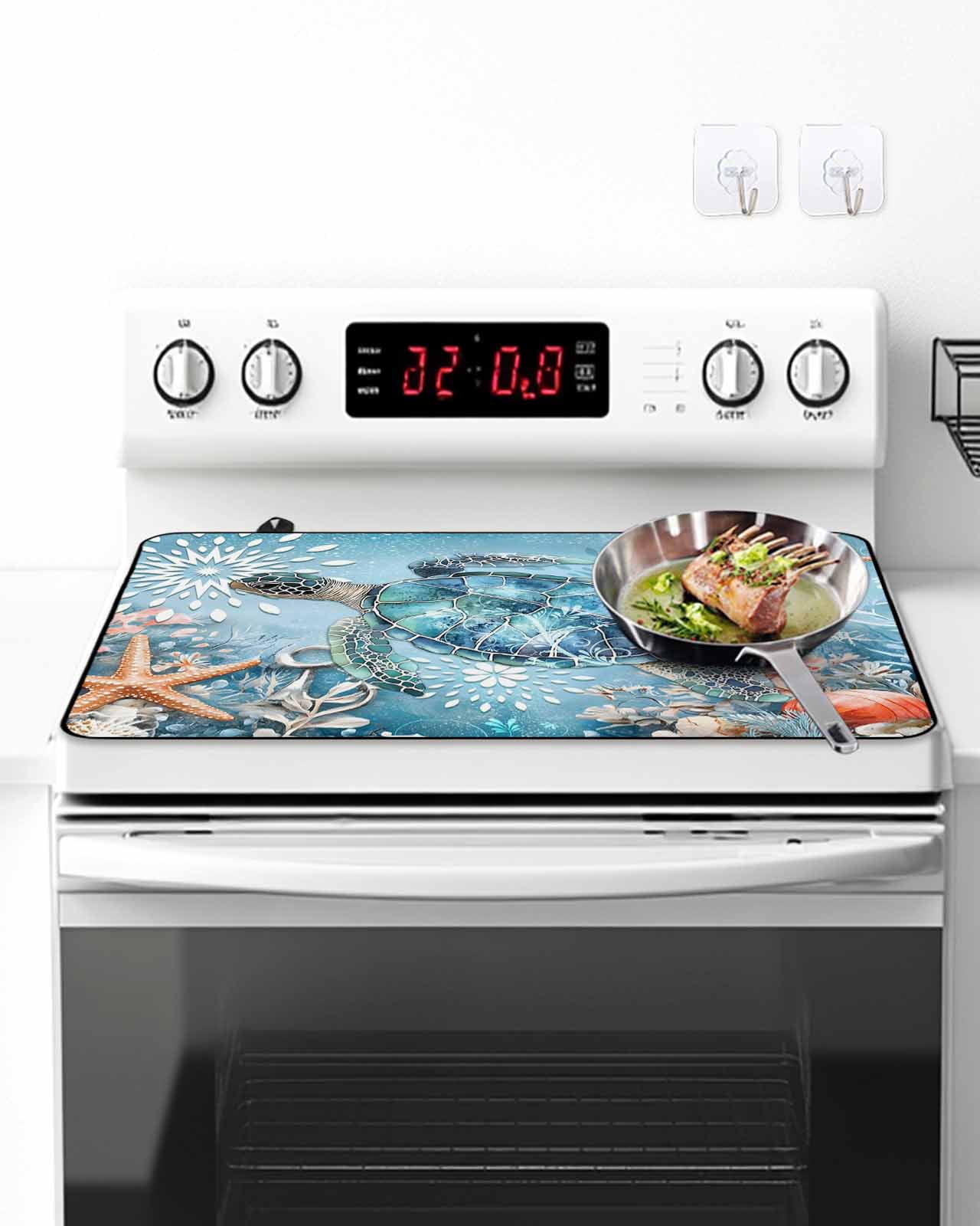 Stove Top Covers for Electric Stove, Blue Coastal Sea Turtle Glass Stovetop Cover Protector, Summer Beach Starfish Botanical Induction Cooktop Protector Oven Mat for Kitchen Countertop 24"x21"