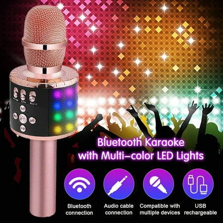 karaoke Microphone,4 In 1 Wireless LED bluetooth Karaoke Microphone with Light ,Mini USB Speaker for Home KTV, Rose Gold/ Gold