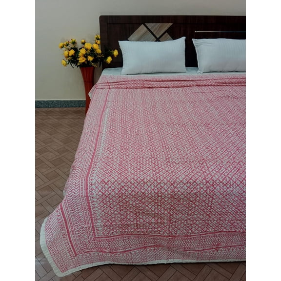 Handmade Pink Kantha Quilt: Floral Hand-Stitched Indian Cotton Bedspread