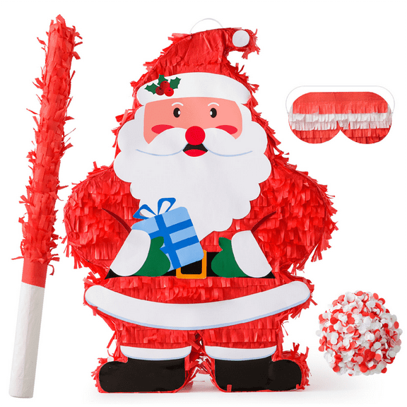 Christmas Santa Piñata with Piñata Stick Blindfold Bat Confetti,Santa Claus Decorations for Christmas Party Birthday Party School Activities Xmas Game Party Supplies