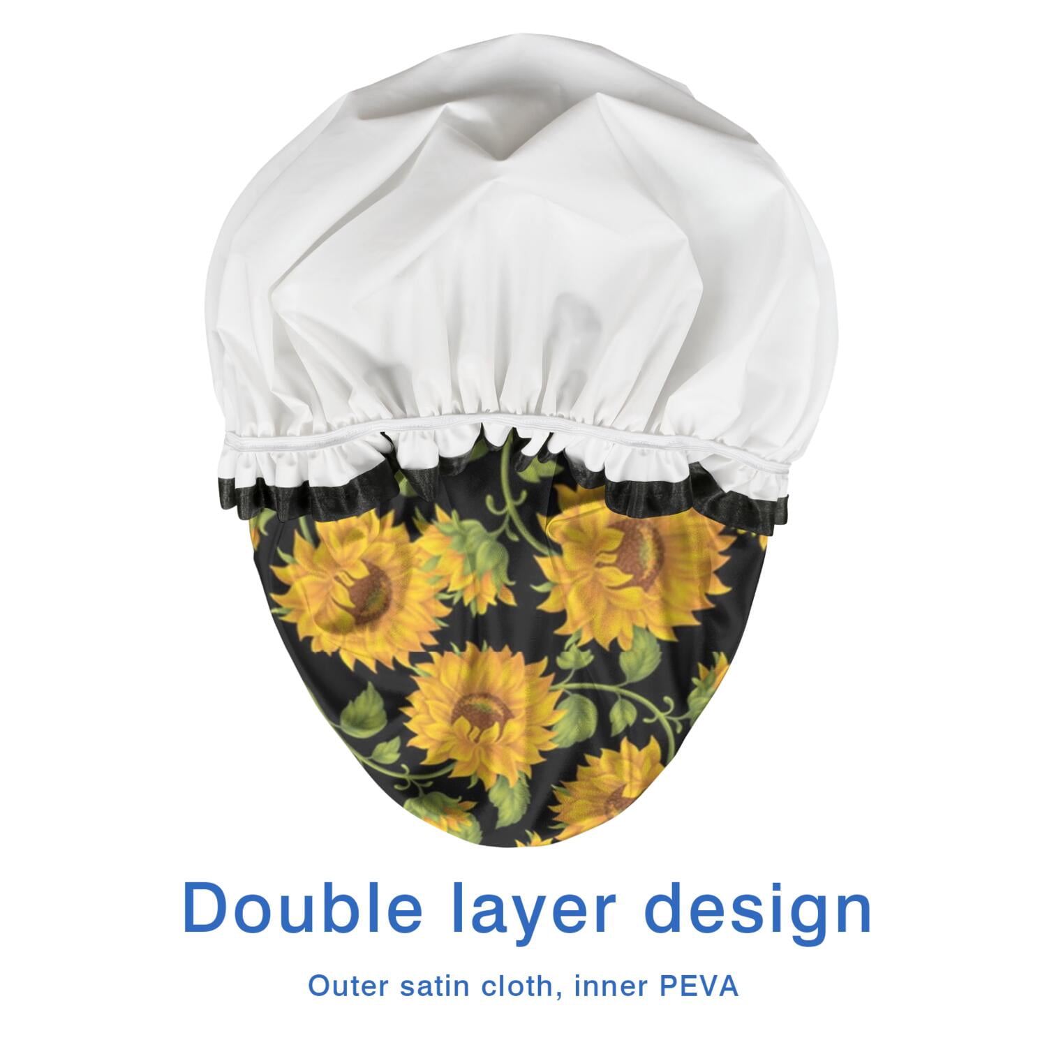 Shower Caps,Black Green Stem Sunflower Pattern Waterproof Shower Cap for Women 4 Pieces,Double Reusable Hair Cover for Shower PEVA Elastic Stretch Hem