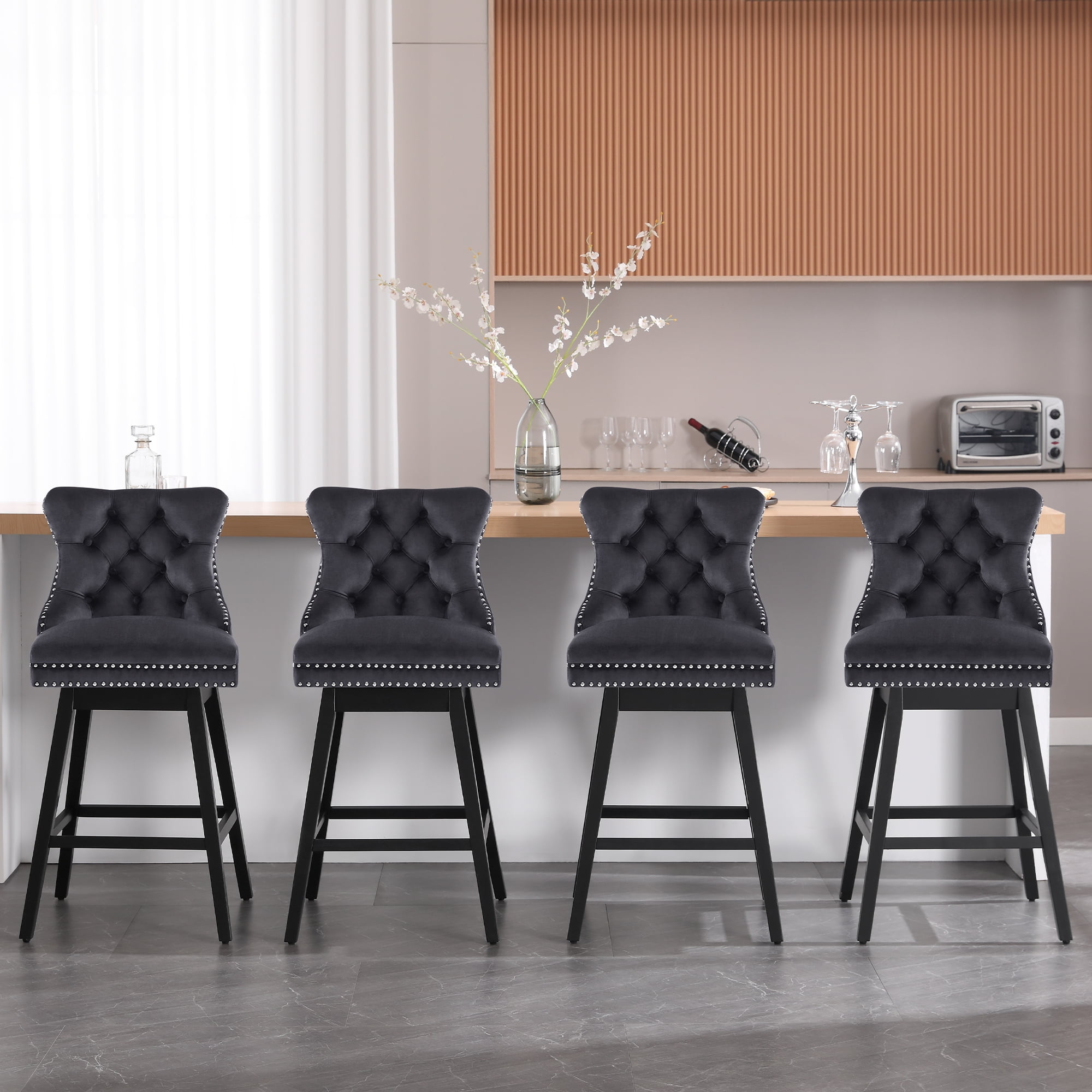 Tewloss 30" Swivel Bar Stools Set of 4 With Back Velvet Bar Height Chairs for Home Kitchen, Black
