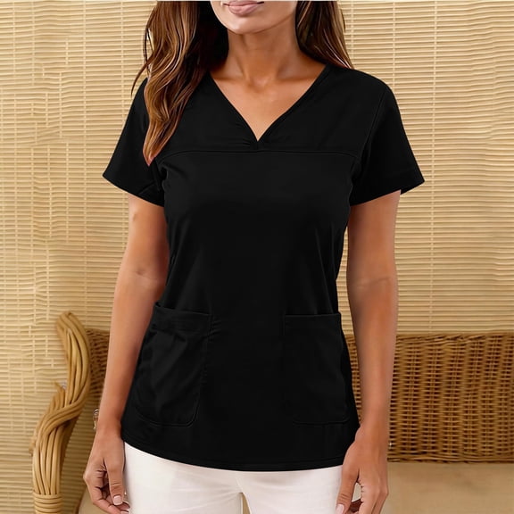 HOMBOM Trendy Tops for Women with Pockets Black Solid Color Short Sleeve Loose Scrubs Casual Ladies Blouse V Neck