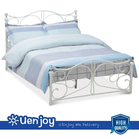 - Uenjoy Full Size Metal Bed Frame Bright pearl Finial Headboard Footboard, White