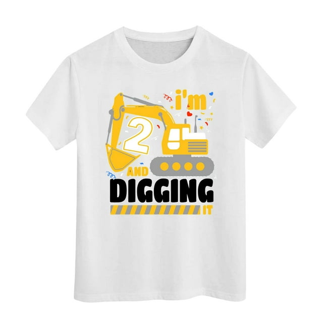 Hiiyo T-Shirt pour Grands Garçons Imprimé Excavateur Manches Courtes, Blanc