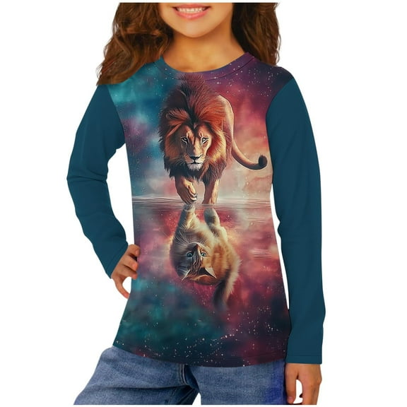 Kids Lion Print Long Sleeve T-Shirt, Boys Girls Crewneck Top Soft Polyester Blend Round Neck Casual Playwear Graphic Tee Spring Fall Winter Ages 3-14 Years